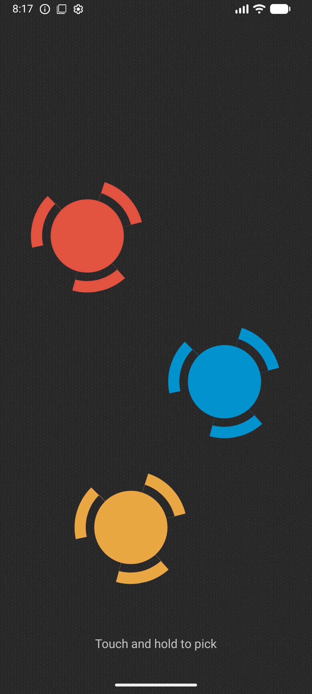 Pick One screen with three coloured finger indicators